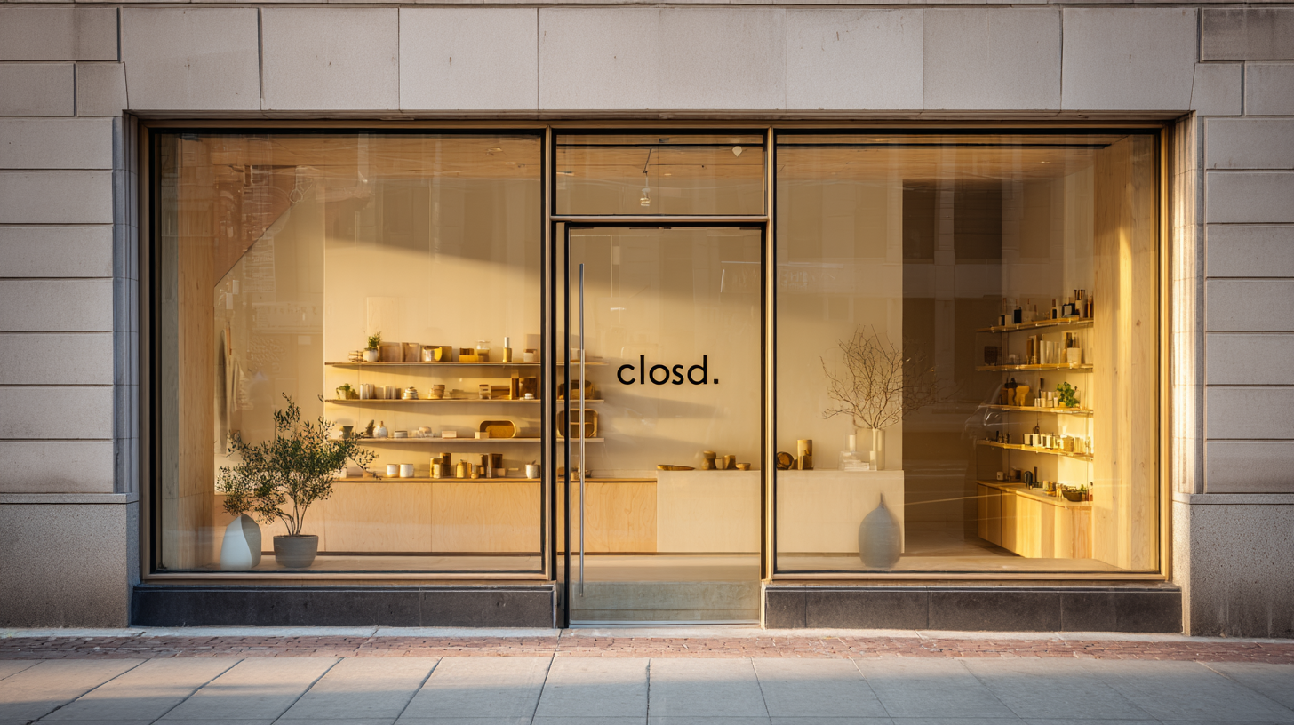 Minimalist storefront with large glass windows, warm interior lighting, and shelves of ceramic goods visible inside