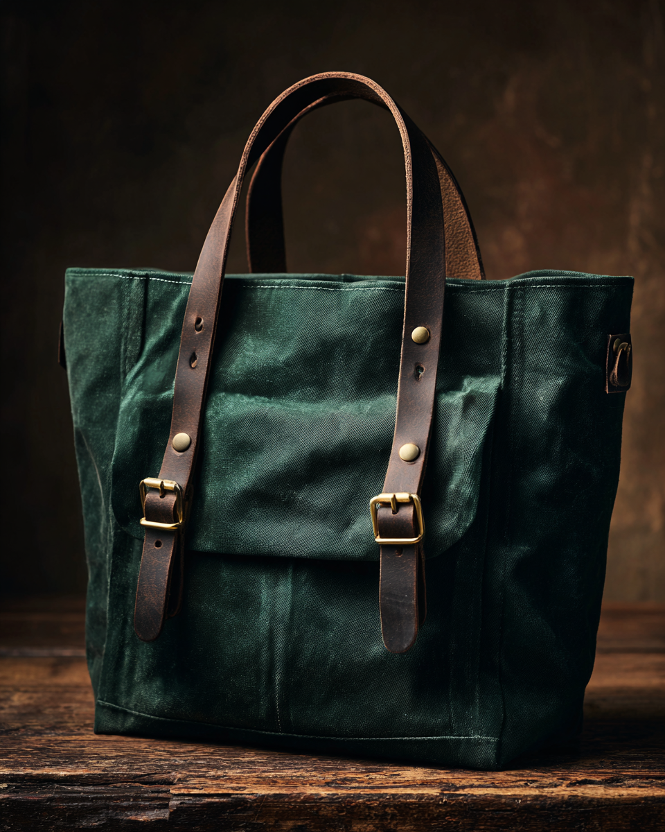 Dark green waxed canvas tote bag with brown leather straps and brass hardware against a dark background
