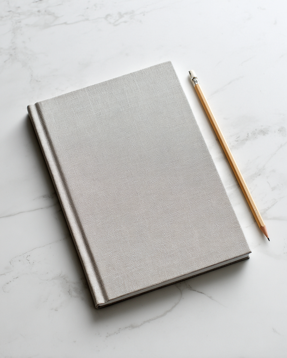 Light gray cloth-bound hardcover notebook with a sharpened yellow pencil on a white marble surface