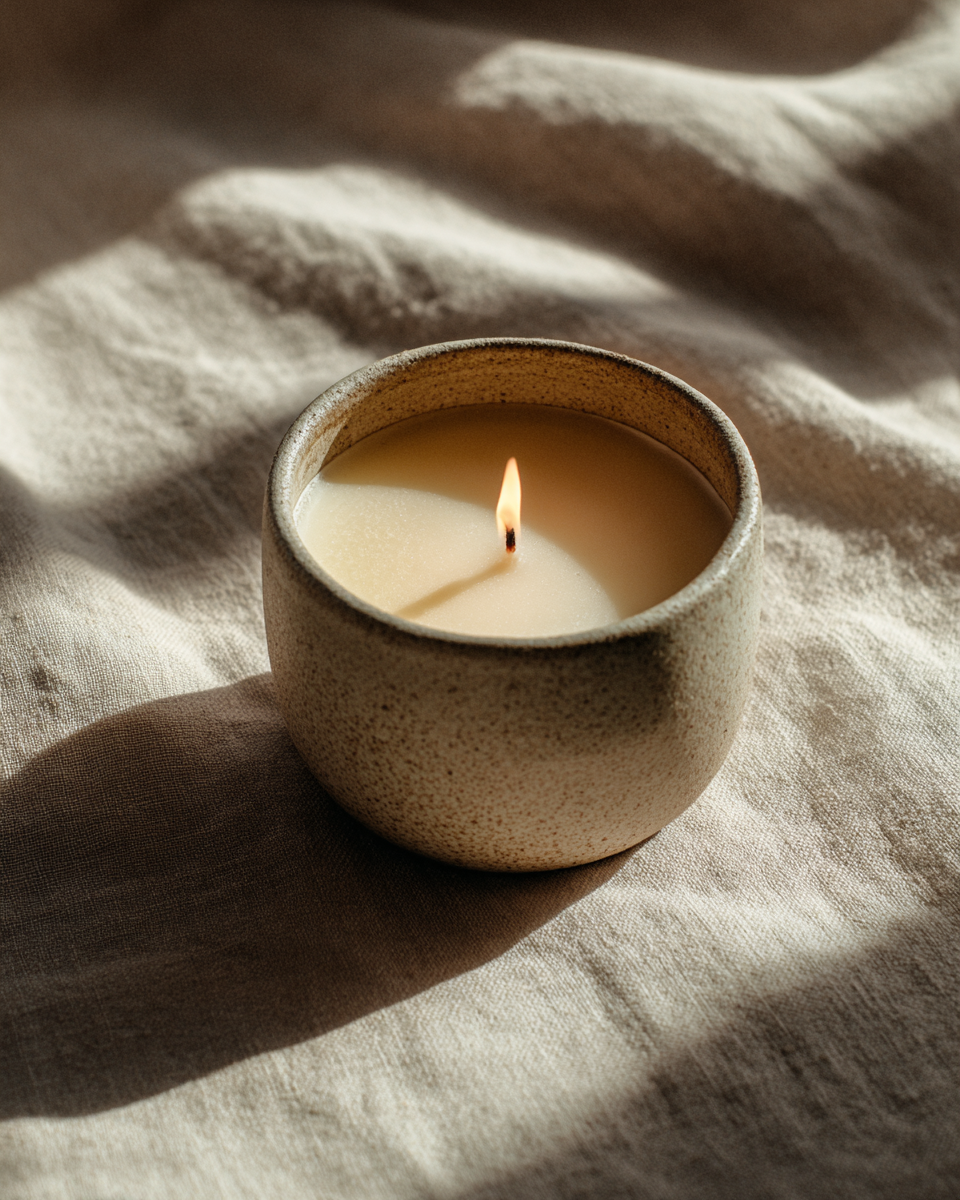 Lit candle in a small speckled stoneware vessel on rumpled natural linen in soft sunlight