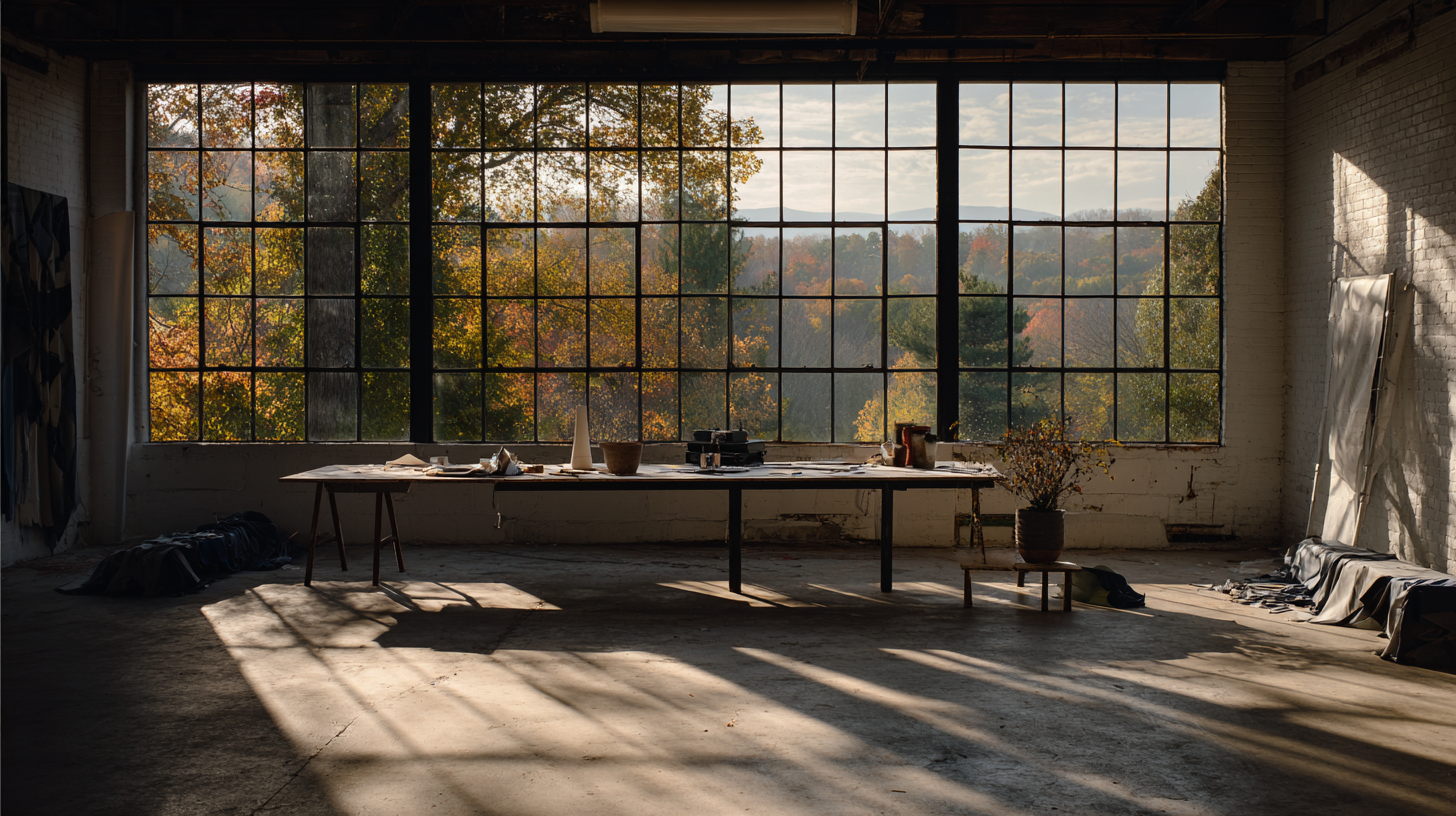 Sunlit industrial studio with a long worktable in front of tall gridded windows overlooking autumn trees